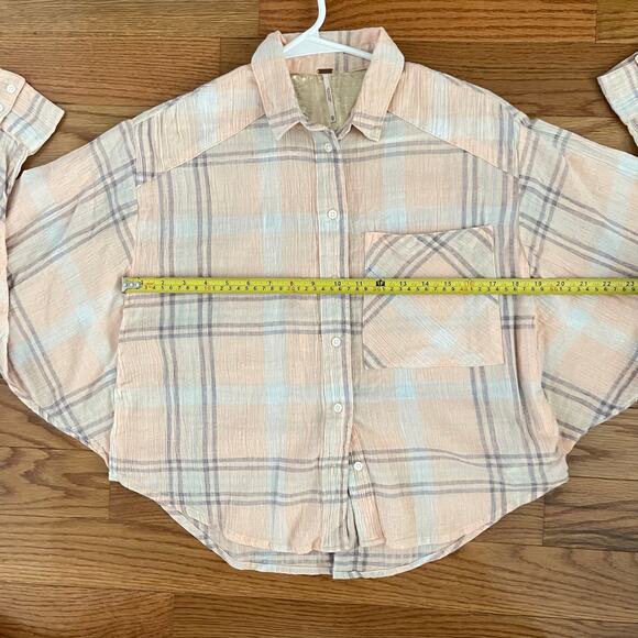 Free People Cutie Plaid Button-Up Shirt Womens XS Peachy Casual Cropped Top - Picture 7 of 8